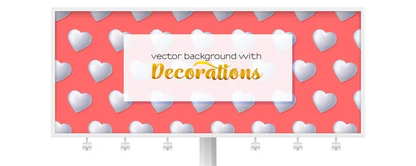 Billboard with pattern from white hearts. Volumetric hearts on pink background Ornament for Valentine s day. Template for promotion, advertising, banners. — Stock Vector