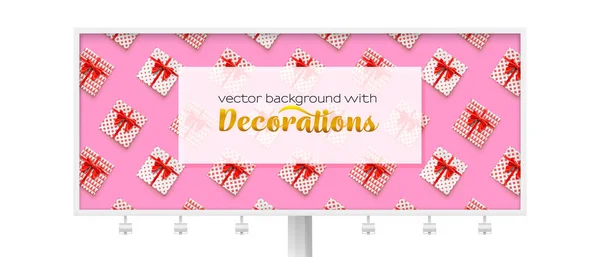 Anslagstavla dekorerade presentaskar på rosa bakgrund, abstrakt mönster. Presentaskar med rött band och fluga. 3D vektor illustration, eps10. Mall för firande banners. — Stock vektor