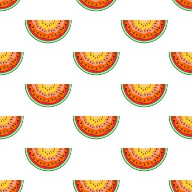 Beyaz arka planda izole edilmiş karpuz dilimleriyle kusursuz desen. Çok katmanlı karpuz dilimleri kağıttan oyuluyor..