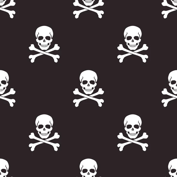 Sömlöst mönster med vita skallar och korsben, isolerad på svart bakgrund. Symbol för Ransomware attack, död, pirater. — Stock vektor