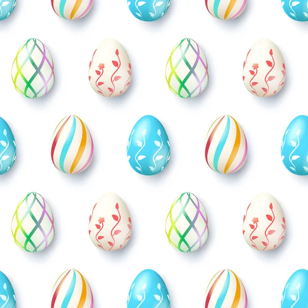 Patrón sin costura de huevos aislados sobre fondo blanco. Huevos coloreados de Pascua pintados con adornos naturales . — Vector de stock