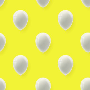 Kusursuz desen. Sarı arka planda beyaz renkli şişirilebilir balonlar. Poster, kapak ve davetiye için modern dekoratif öğeler. Vektör