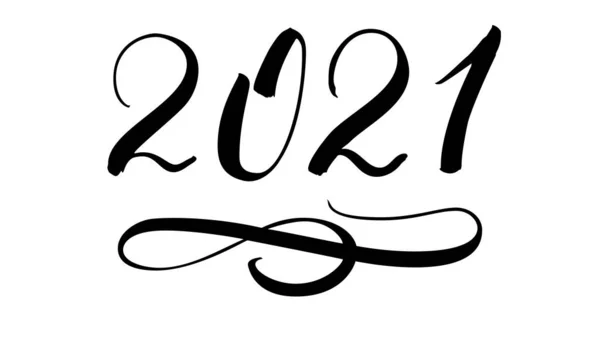 Handwritten by brush number of New year 2021 with flourish. Hand drawn ink lettering isolated on white. — Stock Vector