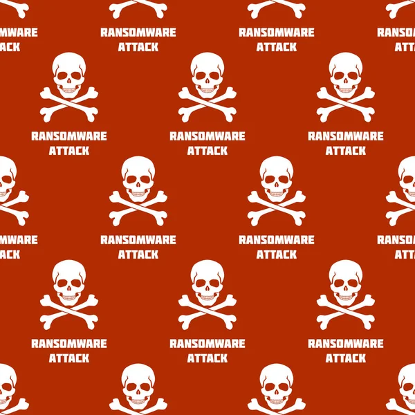 Nahtloses Muster mit weißen Totenköpfen und Kreuzknochen auf rotem Hintergrund. Symbol für Ransomware-Angriff. — Stockvektor