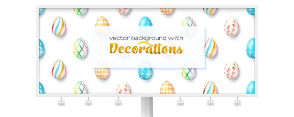 Funny pattern with eggs on billboard. Long ad panel decorated with easter eggs. Colored eggs painted natural ornaments. — Stock Vector