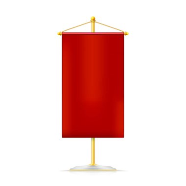 Sarı stantta asılı duran gerçekçi kırmızı pennon. Simge beyazda izole edildi.