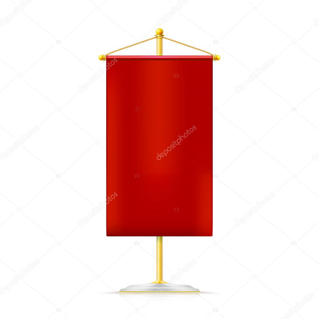 Realistic red pennon hanging on yellow stand. Icon isolated on white.