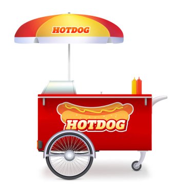 Hot dog cart, street fast food market on bicycle base. Trolley stand for outdoor service with umbrella and hot dog logo. Kiosk of seller fast food isolated on white.