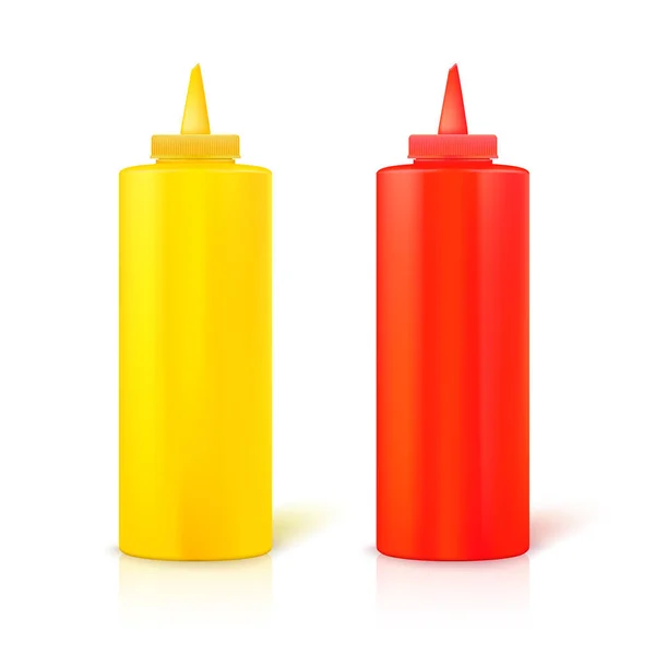Реалистичные пластиковые бутылки для кетчупа и горчицы изолированы на белом фоне . — стоковый вектор