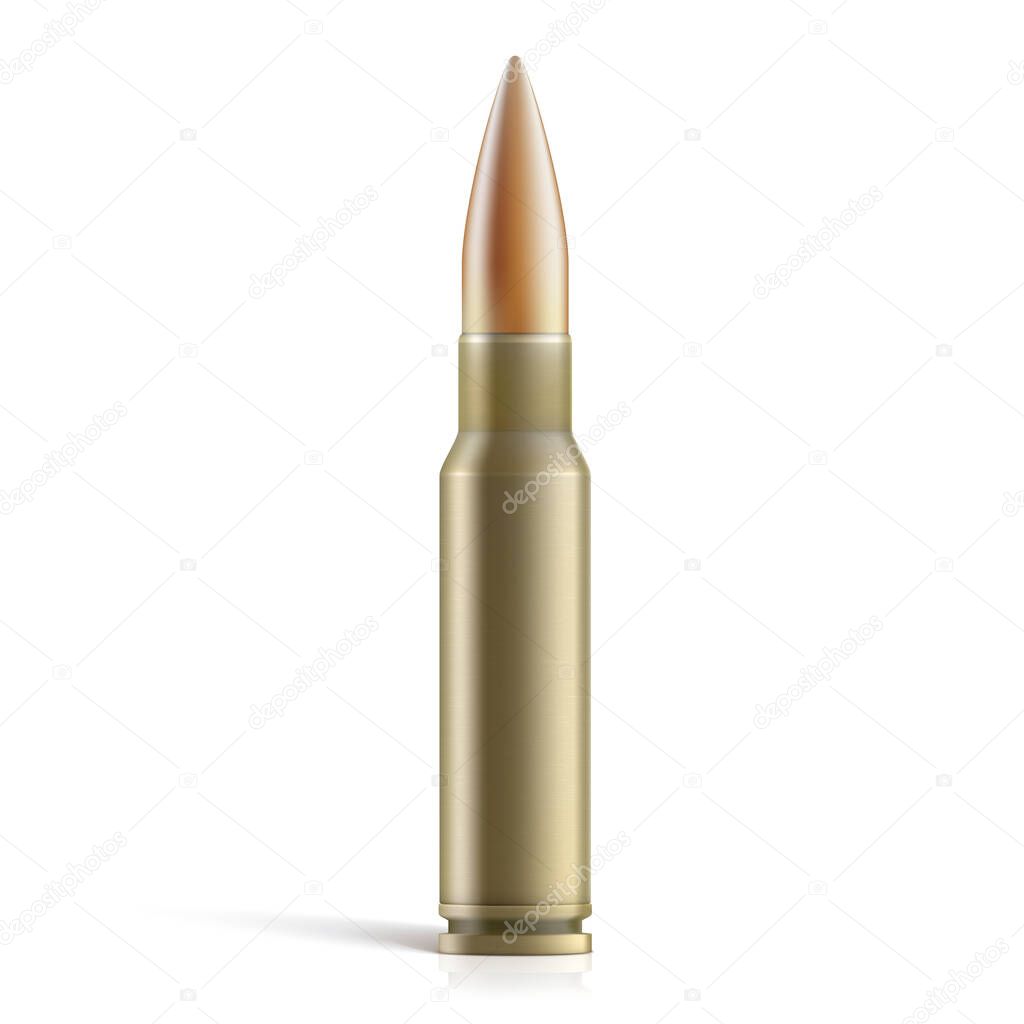 Metal bullet isolated on white background for automatic rifles. Bullet 7.62 mm Caliber.