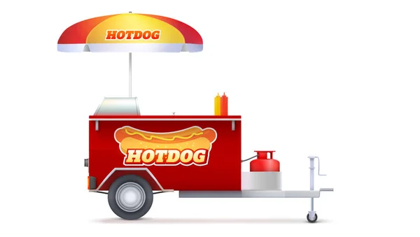 Hot dog kocsi, utcai gyorsétterem piac. Szállítókocsi állvány kültéri kiszolgálásra esernyővel. Üzleti kioszk eladó gyorsétterem elszigetelt fehér alapon. — Stock Vector