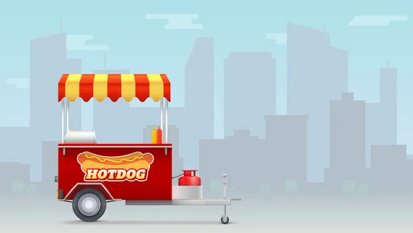 Hot dog kocsi, utcai gyorsétterem nagyvárosi háttérrel. Sablon kioszk eladó gyorsétterem plakátok, bannerek. Troli kültéri szolgáltatáshoz hot dog logóval. — Stock Vector