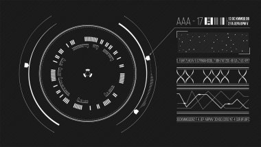 UI tasarım arayüzü. Tespit edilen bilgi ve Kullanıcı Arayüzü HUD listesi. Dairesel hologramlı vektör arayüzü. Bilimkurgu sanal gerçeklik teknolojisi.