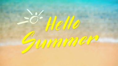 Merhaba yaz. Tropikal deniz arka planında el yazısı harfleri. Üst Manzara, kapat. Bulanık vektör arka planı. Odaklanmamış deniz sörfü hattı, yumuşak dalga ve kum.