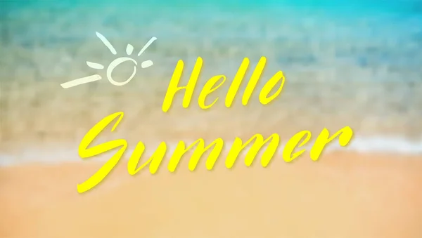 Hello summer. Calligraphy lettering on tropical seashore background. Top view, close up. Blurred vector background. Defocused sea surf line, soft wave and sand — Stock Vector