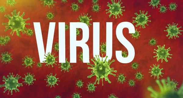 Conceito de vírus. Coronavírus responsável pelo surto de gripe asiática. Bactérias de vírus através de microscópio de perto e texto branco. Estirpe de gripe perigosa . — Fotografia de Stock