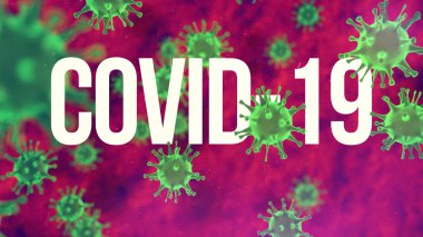COVID-2019. Virüs ortamında beyaz metin. Mikroskop altında organik virüs bakterileri. Tıbbi geçmişi var. Patojen solunum koronavirüsü 2019-ncov. 3d illüstrasyon.