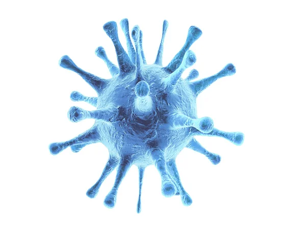 Jedna bakteria wirusa się zamyka. Niebieskie bakterie koronawirusu pod mikroskopem. Odizolowany na białym tle. Ilustracja 3D. — Zdjęcie stockowe