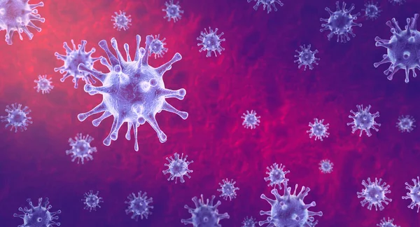 Bakterie wirusów, zamknij się. Epidemia patogenu koronawirusa oddechowego 2019-nCoV. Niebieskie bakterie koronawirusu pod mikroskopem na czerwonym tle. Ilustracja 3D. — Zdjęcie stockowe