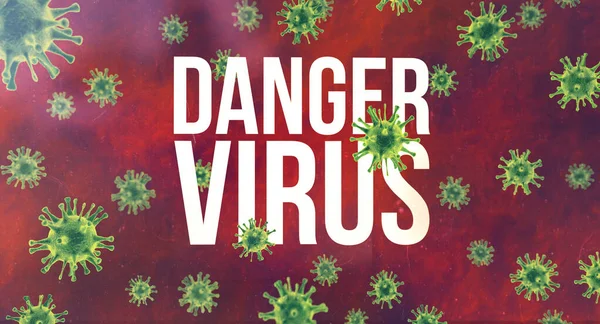 Niebezpieczny wirus. Biały tekst w środowisku wirusów. Bakterie wirusów, wykształcenie medyczne. Patogenny koronawirus oddechowy COVID-2019. Bakterie koronawirusa pod mikroskopem. Ilustracja 3D — Zdjęcie stockowe