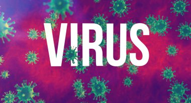 Virüs. Virüs ortamında beyaz metin. Mikroskop altında virüs bakterileri. Tıbbi geçmişi var. Patojen solunum koronavirüsü COVID-2019. 3d illüstrasyon.