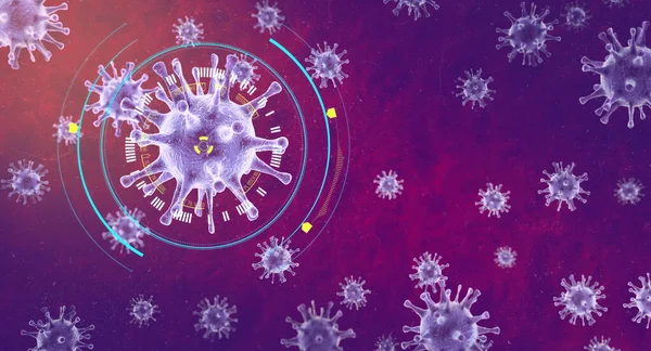 Bakterie wirusów wykryte, zbliżenie. Koncepcja GUI na tle medycznym. Patogenny koronawirus oddechowy COVID-2019. Niebieskie bakterie koronawirusu pod mikroskopem. Ilustracja 3D. — Zdjęcie stockowe