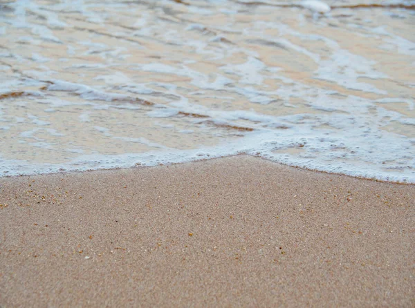 Denize yakın tropikal sahilde altın kum. Gün batımında deniz sörfü yumuşak dalgalarla yaklaşır. Kumsal, seyahat ve tatil için arka plan — Stok fotoğraf