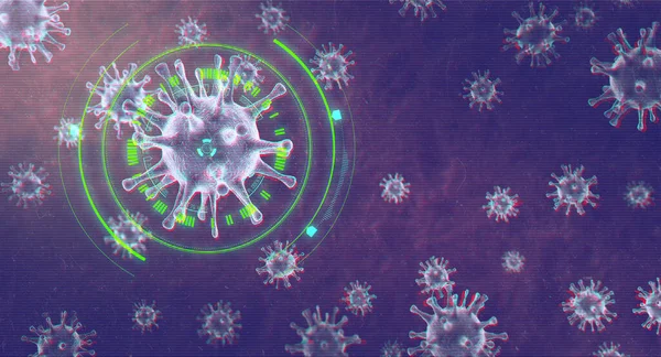 위험 한 인플루엔자 바이러스 세포의 미세 한 시야. 호흡 코로나 바이러스 2019-ncov. 3D 의료 일러스트. SARS 범유행 위험 도 (WHO) 현미경 인터페이스. — 스톡 사진