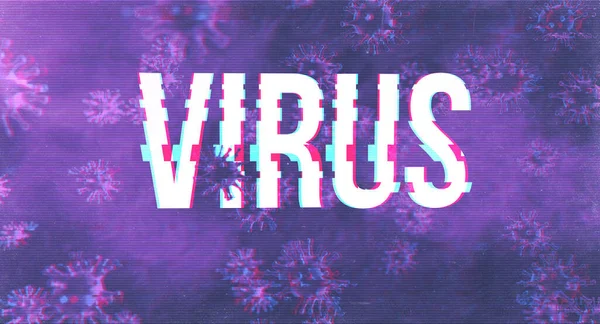Wirus duży biały tekst wśród komórek niebezpiecznego wirusa grypy. Mikroskopijny widok na koronawirus oddechowy 2019-ncov. Wykształcenie medyczne z efektem usterki. Koncepcja ryzyka pandemii SARS. — Zdjęcie stockowe