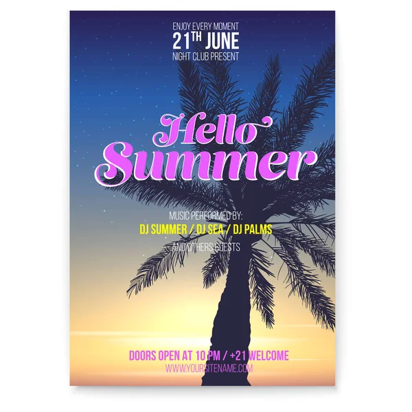 Voador de festa na praia. Olá Summer. Férias eventos em férias. Palm and sunset sky on tropical background. Design de vetores para banners —  Vetores de Stock