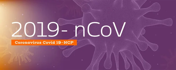 Covid 19-NCP virüsünün mikroskop altında görüntüsü. Virüs hücrelerinin 3 boyutlu teline sahip pankartı bilgilendirin. Coronavirus 2019-nCoV tehlikeli RNA virüsü. Web sitesi için yatay vektör başlığı.