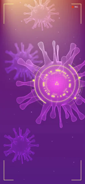 Närbild av virus celler forskning. En HUD-skärm. Coronavirus 2019-nCoV farligt RNA-virus. Utsikt över bakterier under mikroskop. Vertikal banner i iPhone storlek. Pandemi av virus Covid 19-NCP. — Stock vektor