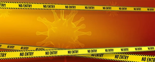 ウイルスの3次元ワイヤーフレームを持つバナー。ウイルス細胞Covid 19-NCPと黄色の警告テープは入力されません。コロナウイルス2019-nCoV危険なRNAウイルス。水平ベクトルポスター、ウェブサイトのヘッダー. — ストックベクタ