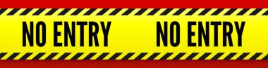 Giriş yok. Kırmızı arka planda sarı çizgili çizgi. Tehlike uyarısı. Vektör şablonu. Yürüme alanı ve kaza yeri için giriş tabelaları.