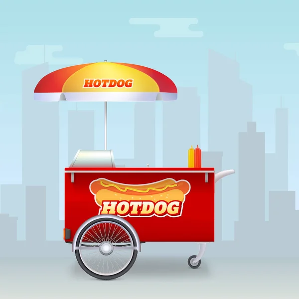 Hot dog vozík, pouliční fast food na pozadí velkoměsta. Stojan na vozík pro venkovní servis s deštníkem a logem hot dogu na cyklistickém podstavci. Kiosk prodejce rychlého občerstvení. — Stockový vektor