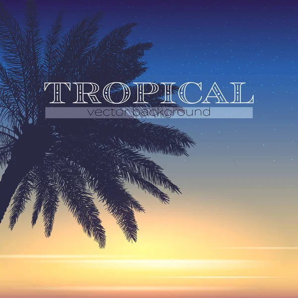 Palme an der tropischen Küste. Silhouette einer Palme vor dem Hintergrund des Sonnenuntergangs. Sommerabend. Vektorvorlage für Banner, Poster, Flyer, Einladungen — Stockvektor