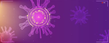 Virüs hücrelerinin araştırmalarına yakından bak. HUD ekranı. Coronavirus 2019-nCoV tehlikeli RNA virüsü. Mikroskop altında bakteri görüntüsü. Web siteleri başlığı için vektör pankartı. Covid 19-NCP virüsü pandemisi.