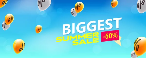 Größtes Verkaufsangebot. Gelbe Luftballons mit Rabattsymbolen fliegen in den blauen Himmel. Vektor 3D Illustration — Stockvektor