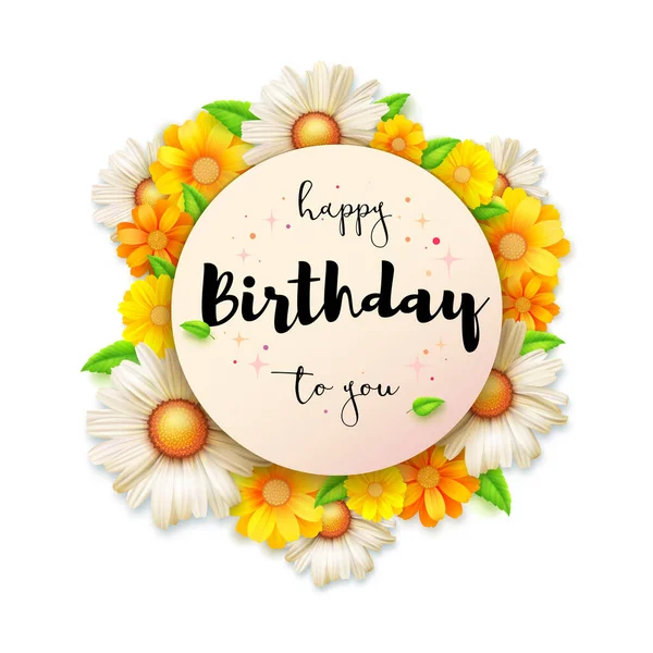 Feliz aniversário cartão de saudação com design de letras. Composição de flor de flores de primavera e de verão. Ilustração vetorial 3D —  Vetores de Stock