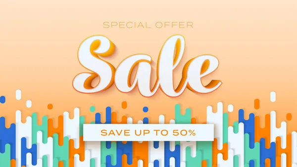 Sale. Save up to 50 percent. Orange background with trendy design of graphic. Volumetric lettering with handwritten text. Vector illustration. — Stock Vector