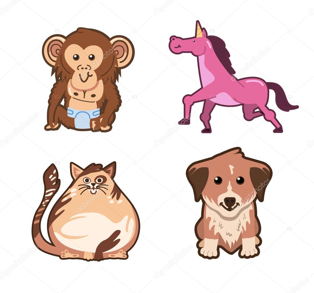 Cute animals vector illustrations | Monkey pony horse cat dog | Funny animals illustration