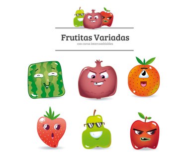 Serin meyve çizimler vektör | Karpuz, oragen, oinion, çilek, inci, apple ile değiştirilebilir yüzler