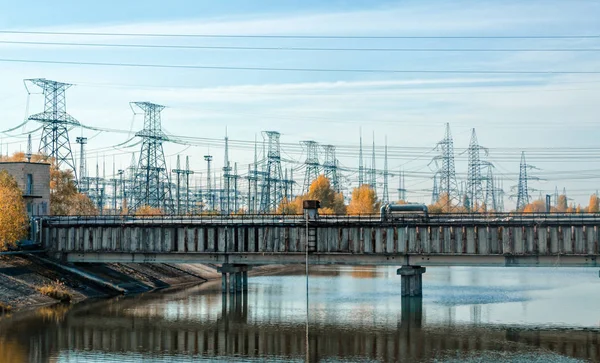 bridge over the river and the power line in Chernobyl