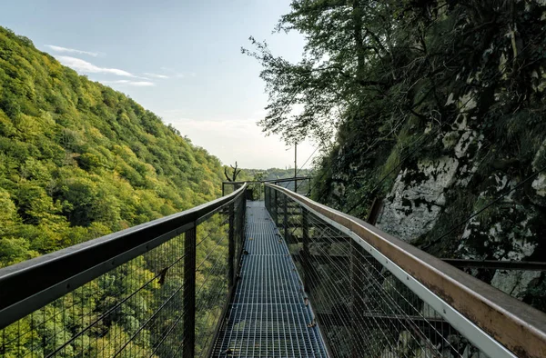 Felfüggesztés fém híd kanyonban Grúziában ősszel — Stock Fotó