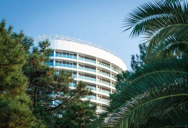 在棕榈树和树木花瓣中的现代酒店建筑 — 图库照片