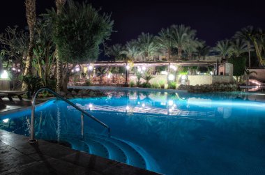 Mısırlı insanlar olmadan geceleri havuz ve yeşil palmiye ağaçları