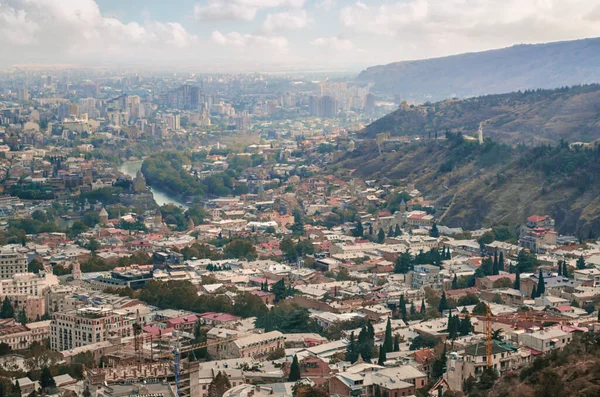Panoramisch Uitzicht Het Centrum Van Tbilisi Mist — Stockfoto