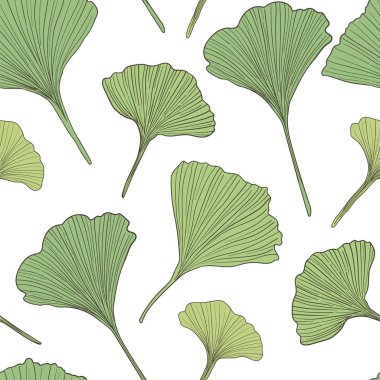 Elle çizilmiş ginkgo vektörü beyaz arkaplanda izole edilmiş pürüzsüz desen bırakır. Kumaş, duvar kağıdı veya paket için iyi.