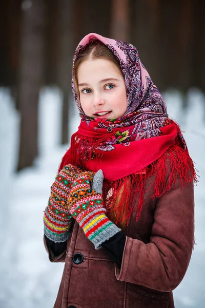 Beautiful Girl Russian Headscarf Knitted Mittens Winter Forest — Stock Photo, Image