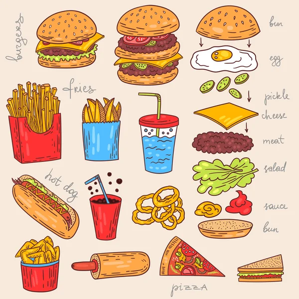 Kolekcja ilustracja jedzenie amerykański burger — Wektor stockowy